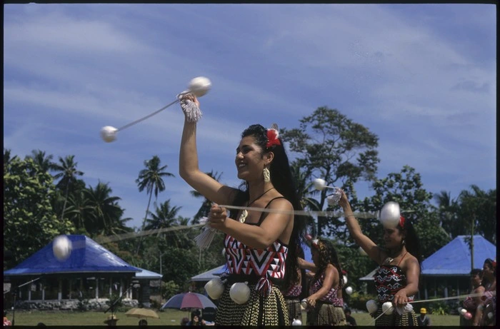 Maori women performing the poi at Lepea village, at the 7th Festival of Pacific Arts, Apia, Samoa