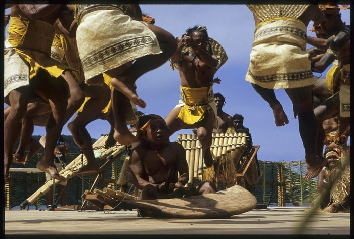 Bellona (Solomon Islands) men jumping at Utulei during the 10th Festival of Pacific Arts, American Samoa