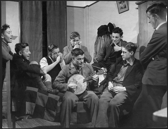 Creator unknown :Photograph of young men making music, Wellington City Mission hostel