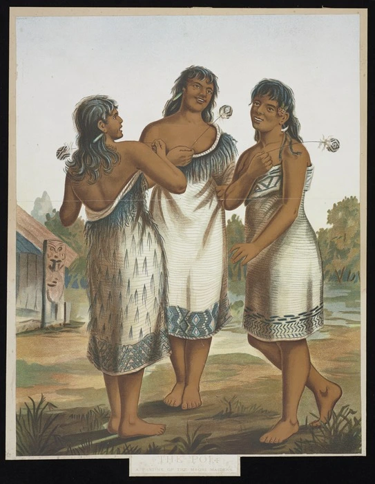 Artist unknown :The poi. A pastime of the Maori maidens. [ca 1885]