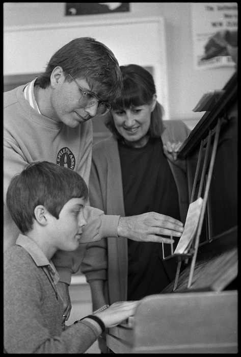 Composers Anthony Ritchie and Dorothy Buchanan giving assistance to Nathaniel Gilman at the piano - Photograph taken by Ian Mackley