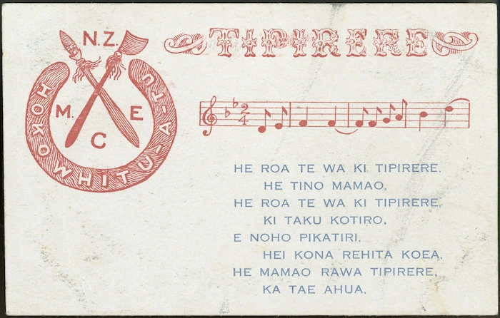 [Postcard]. Tipirere. N.Z.M.E.C. Hokowhitu-a-Tu. [ca 1915].