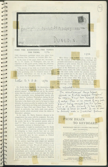Page from scrapbook including envelope with musical notation