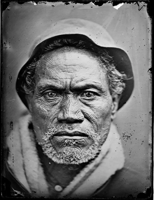 Unidentified Maori man, with moko, Whanganui district