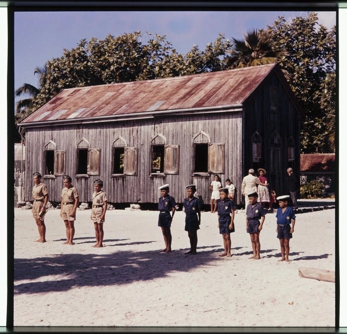 The Boys' Brigade troop parading outside the Church of Zion on Palmerston Islet