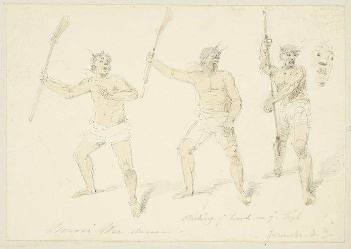 [Strutt, William] 1825-1915 :Maori war dance. Taranaki N. Z. Striking the hand on the thigh. [1855 or 1856]