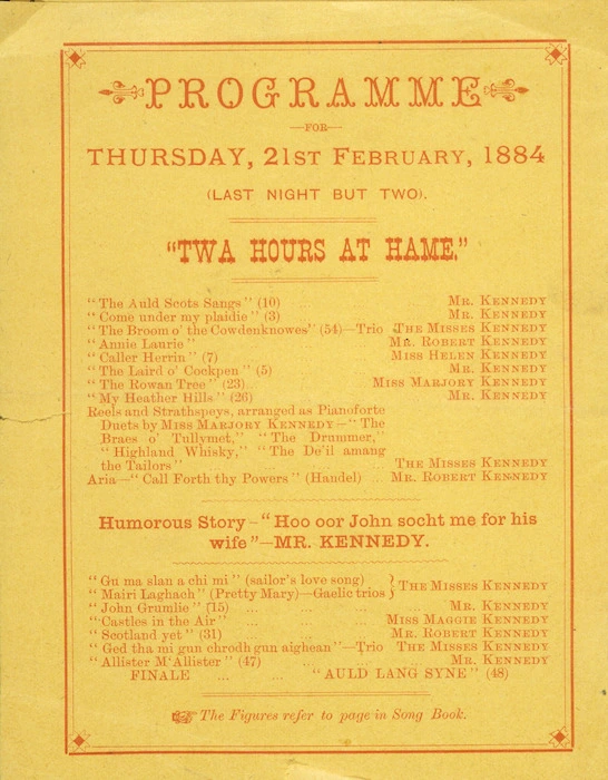 Kennedy Family :Programme for Thursday, 21st February 1884 (Last night bu two). "Twa hours at hame".
