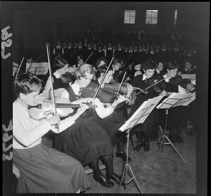 Wellington Girl's College choir and orchestra at a rehearsal