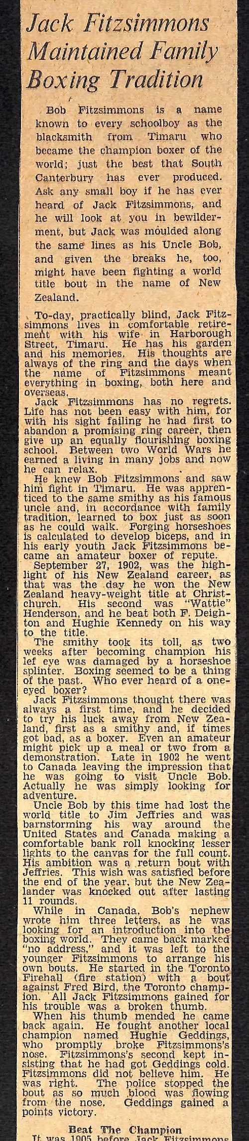 Jack Fitzsimmons Maintained Family Boxing Tradition