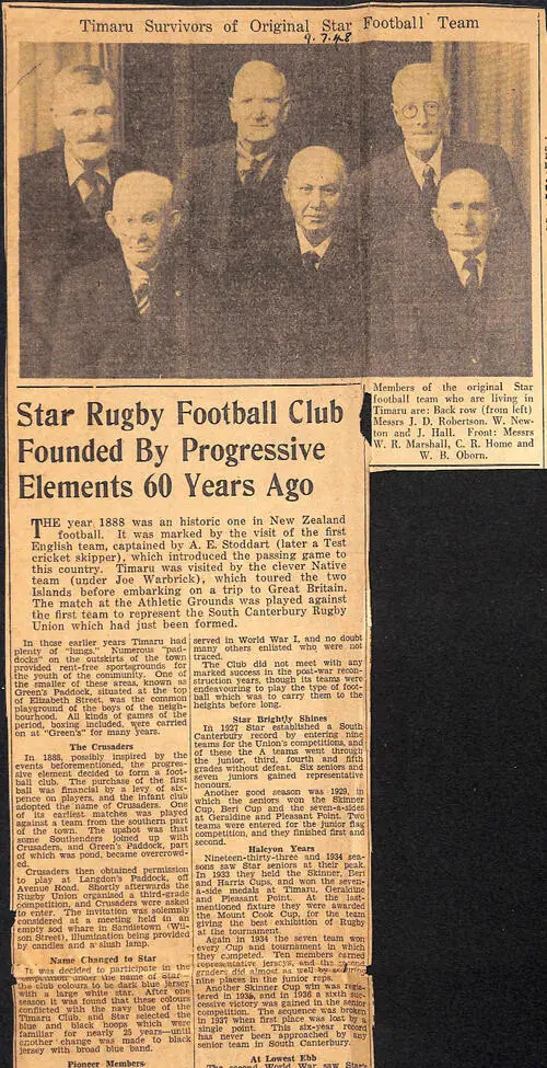 Star Rugby Football Club Founded By Progressive Elements 60 Years Ago / Timaru Survivors of Original Star Football Team