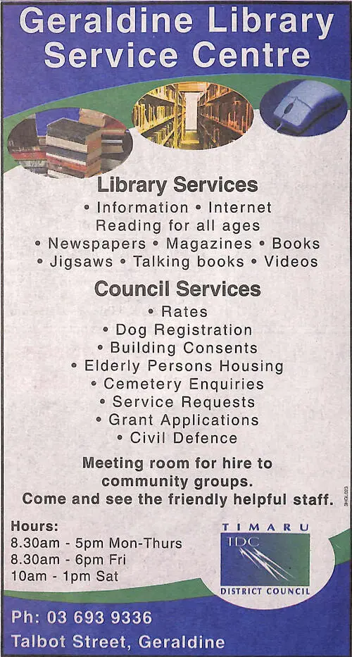 Geraldine Library Service Centre advertisement