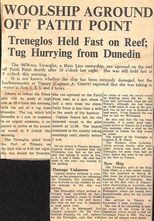 Woolship Aground Off Patiti Point, Treneglos Held Fast on Reef; Tug Hurrying from Dunedin