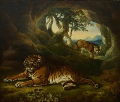 Two tigers in a rocky landscape