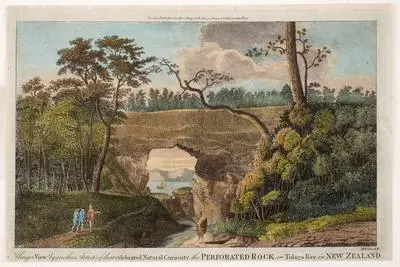 A larger view (by another Artist) of that celebrated Natural Curiosity, the Perforated Rock in Tolaga Bay in New Zealand
