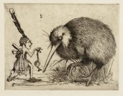 Imp offering a worm to a Kiwi