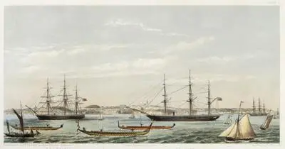 View of Auckland Harbour, New Zealand, taken during the Regatta of January 1862 (Race of the Maori War Canoes)