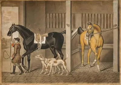 [Huntsman with Hunters and Dogs in Stable]