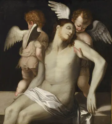 Dead Christ supported by two angels