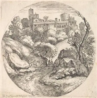 Round landscape with two travellers riding towards a hilltop town