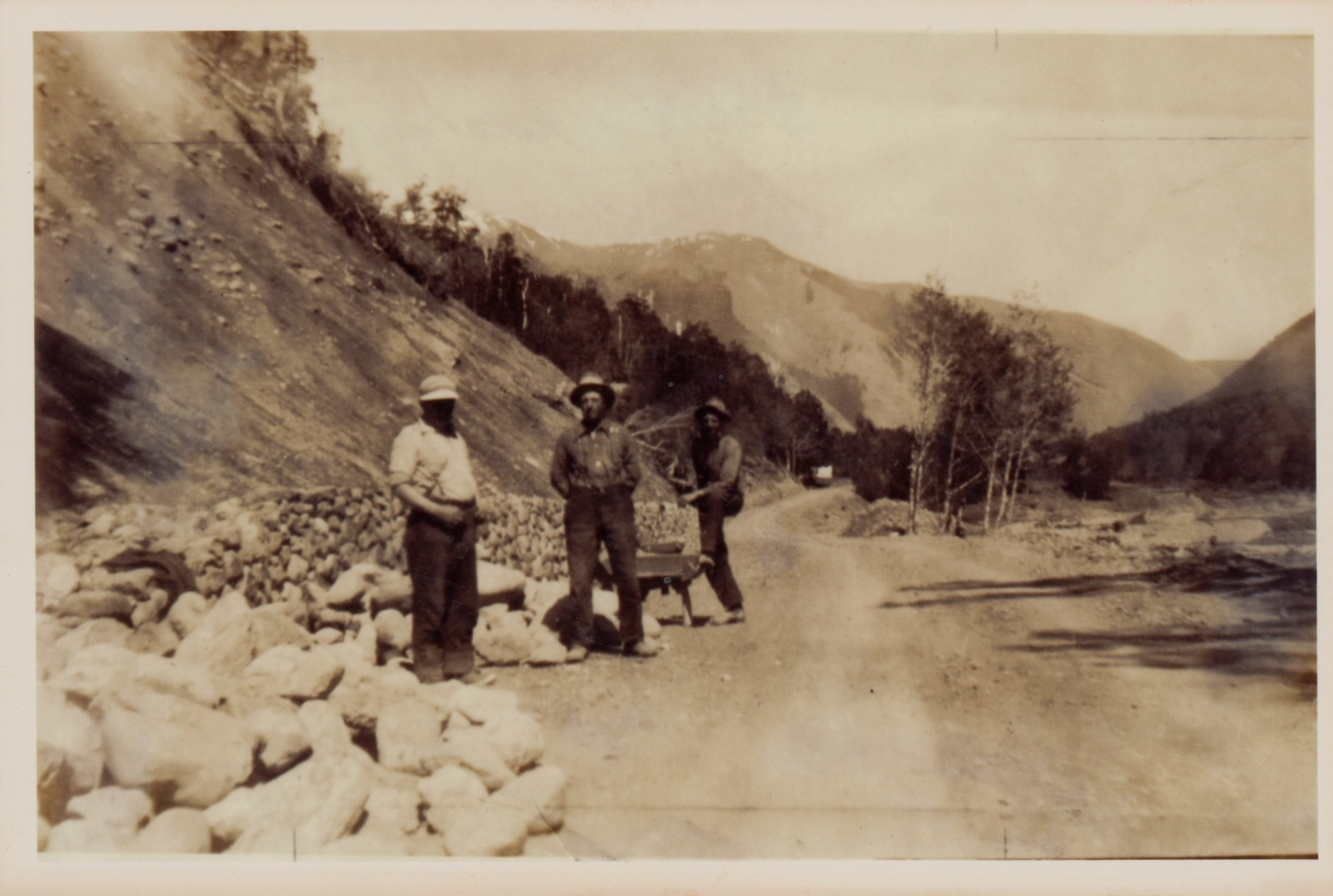 Stone retaining wall under construction at Jollies Pass