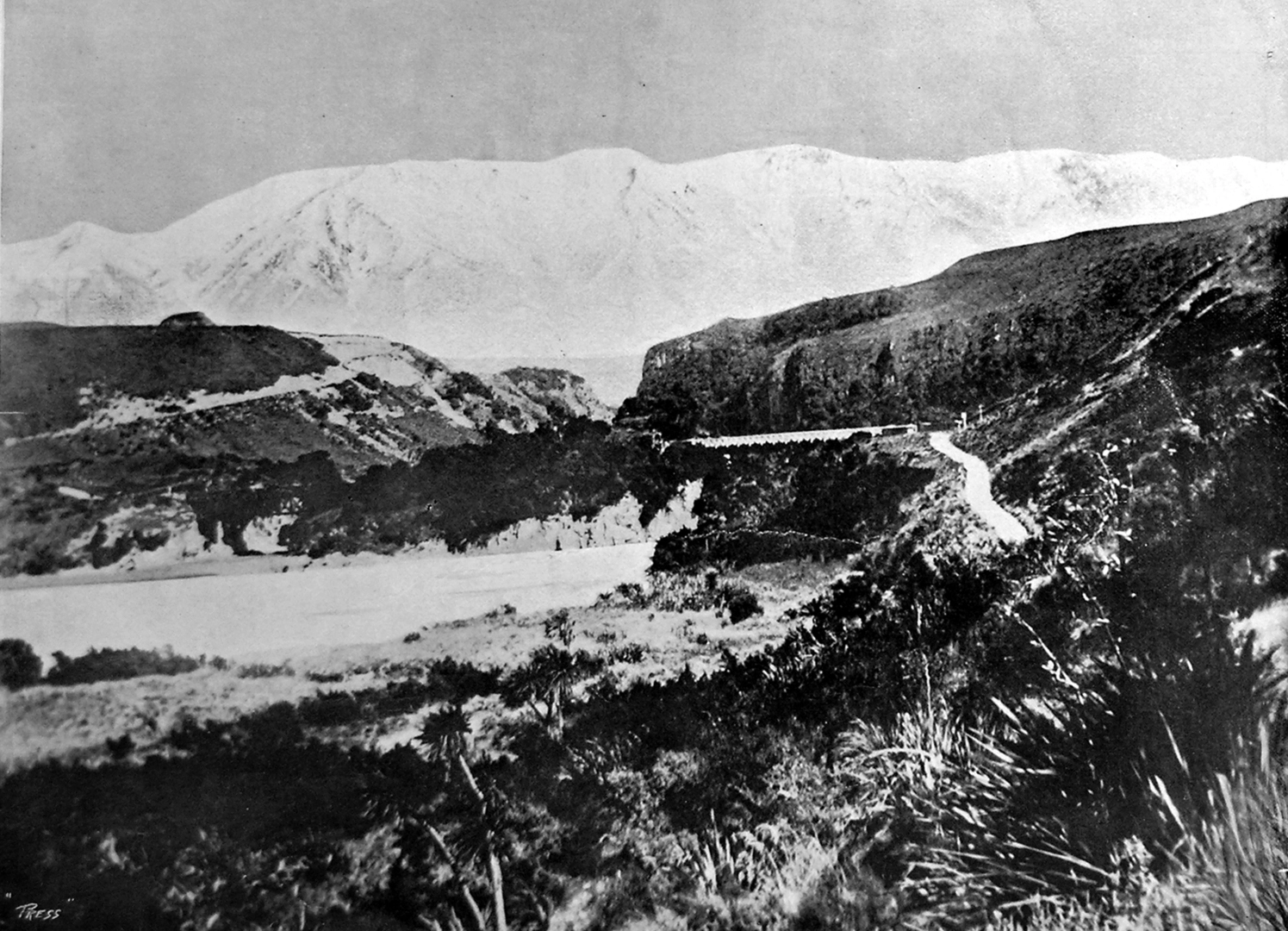 The Rakaia river with the two gorge bridges