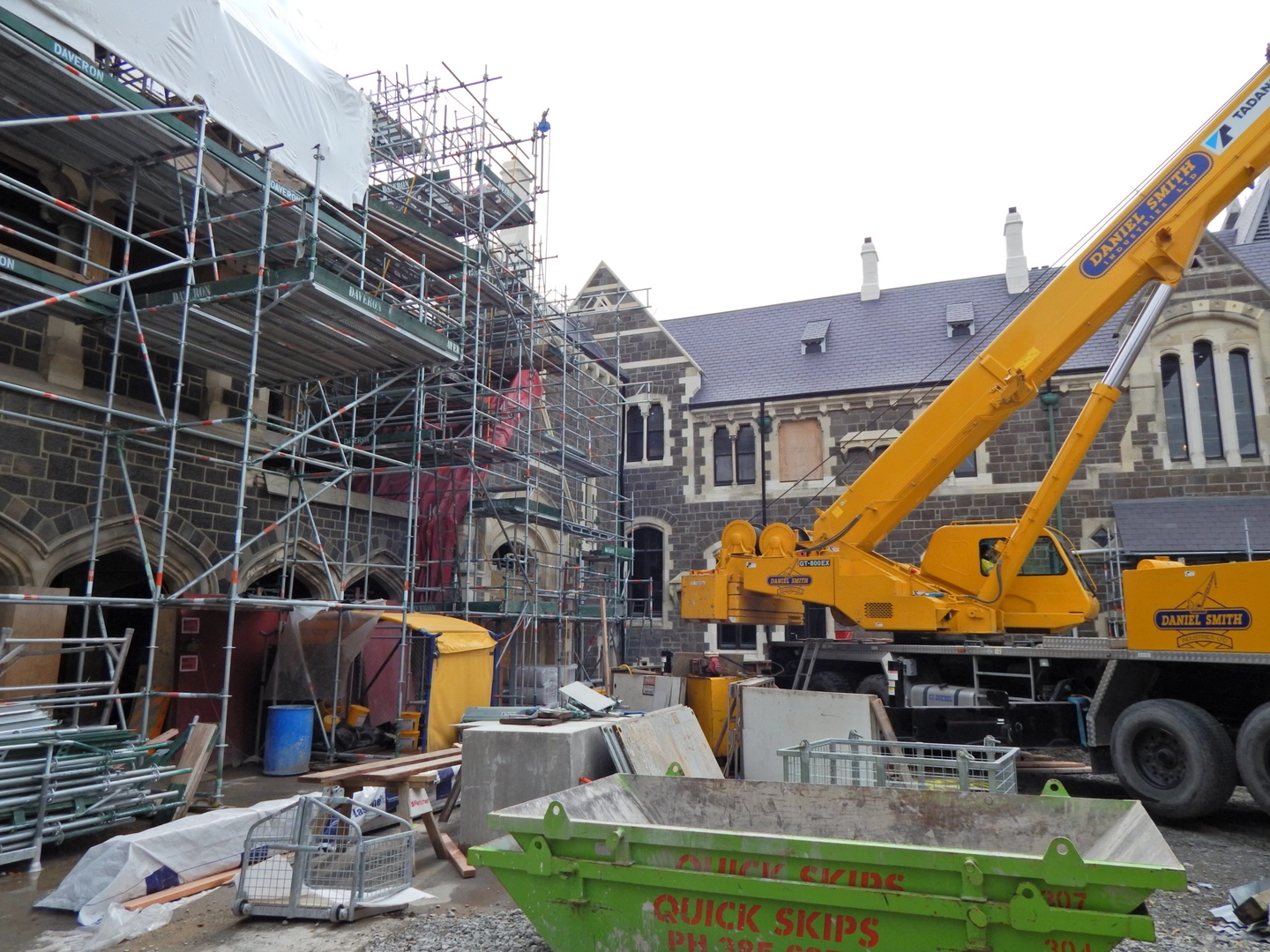 Crane, skips, and scaffolding