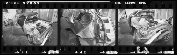 Damaged Anglia car after a fatal accident