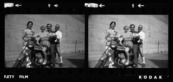 Rita Mauger, Ron Scott and John King on a motorcycle