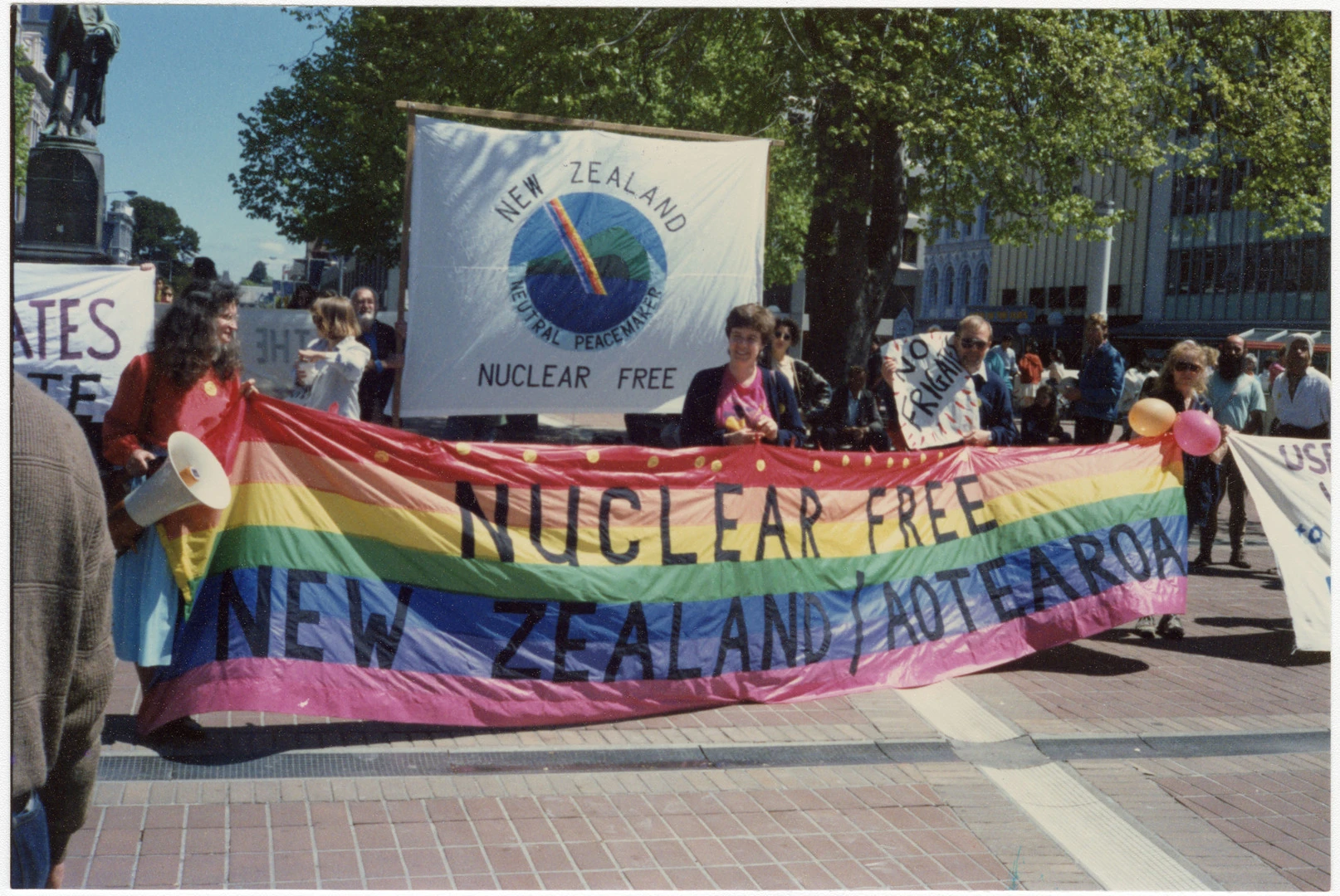 Gillian Southey with nuclear free banner