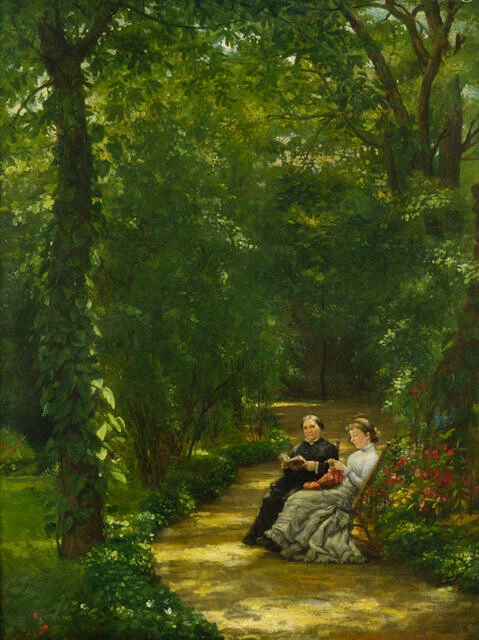 George Peter Alexander Healy - The Healy Garden, Paris (with portraits of his wife Louisa and daughter Edith)
