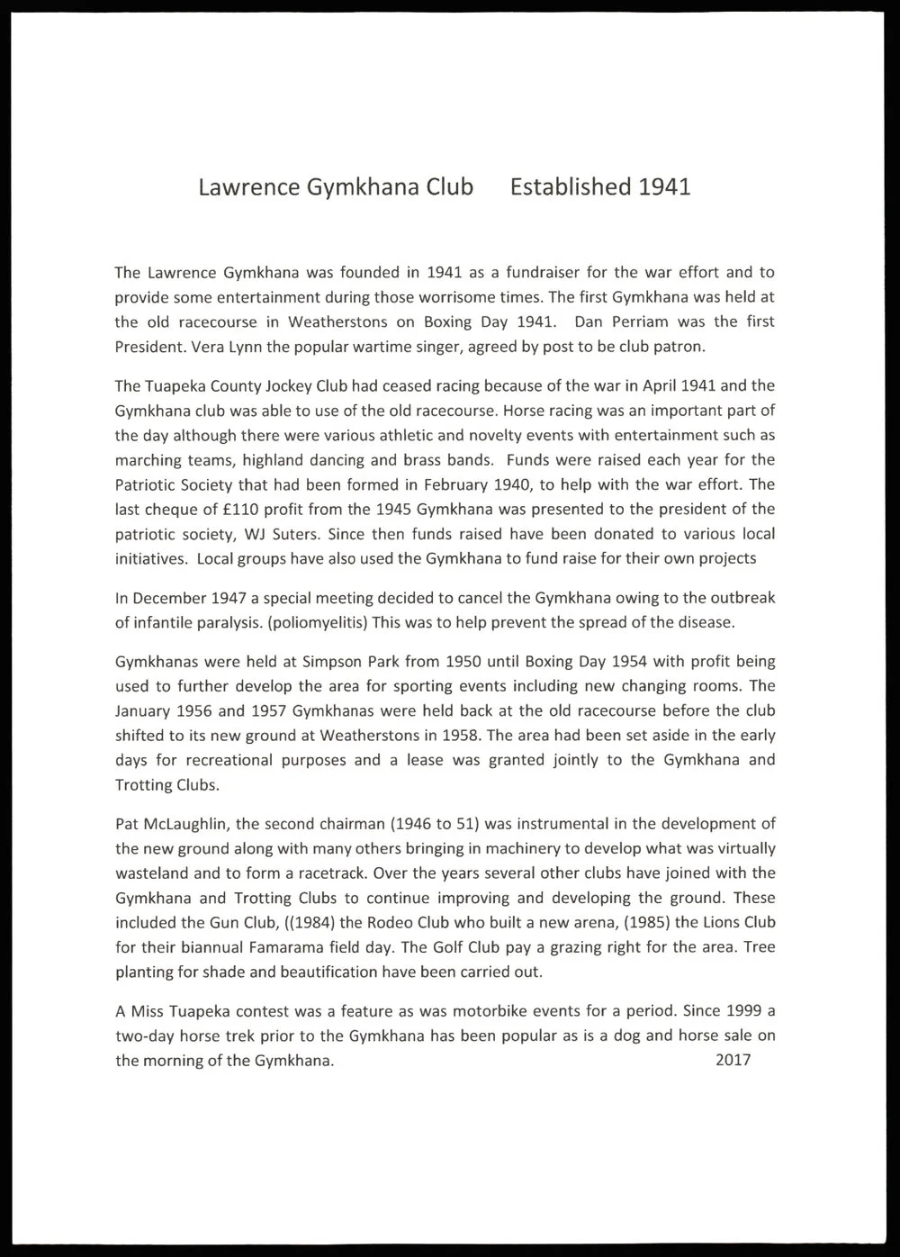 Lawrence Gymkhana Club History