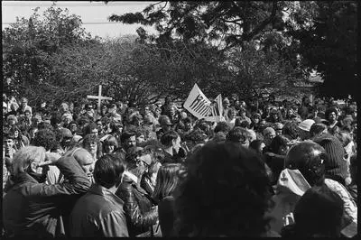 Protesters gather under the Hamilton banner at Fowlds Park