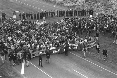 Protestors marching on Northwestern Motorway. Anti Springbok Tour protest march