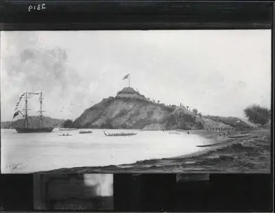 Landing of Samuel Marsden at Rangihoua. Copy of drawing or painting by MT Clayton, 1814.
