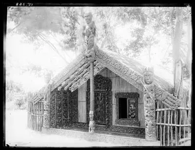 [Unidentified wharenui - poupou, kowhaiwhai heke and pou]