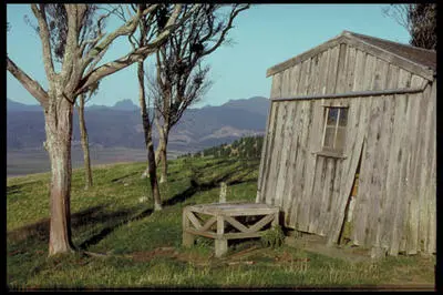Abandoned house and tank stand in view of Castle Rock.