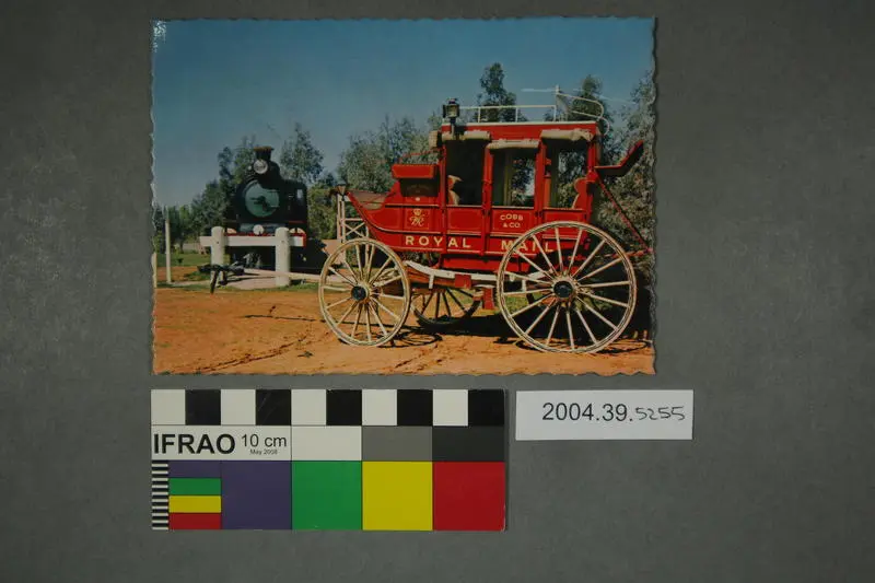 Postcard of a Cobb & Co. Coach and a Locomotive