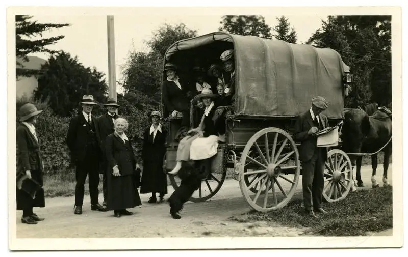 Photograph, Black and White: Lovell-Smith family group prepare to leave for a picnic in a covered wagon.