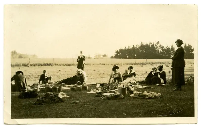 Photograph, Black and White: Lovell-Smith family group on a picnic.