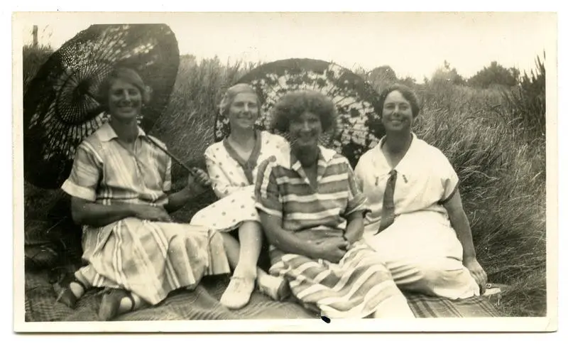 Photograph, Black and White: Doris, Connie, Dorothy and Kitty Lovell-Smith on a picnic rug
