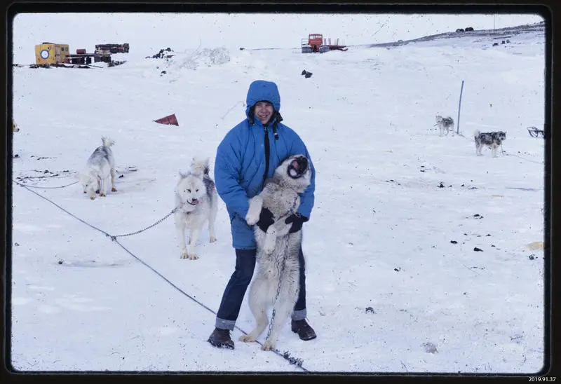 Slide: Bryan Register and Husky dogs, 1968