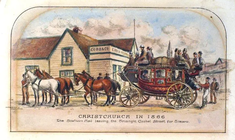 Lithograph: Christchurch in 1866; The Southern Mail leaving the Triangle, Cashel Street, for Timaru