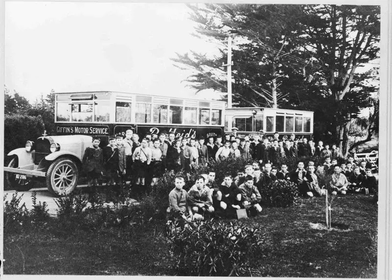 First day of opening of Waitaki Boys' Junior High School. Giffin's Motor Service buses.
