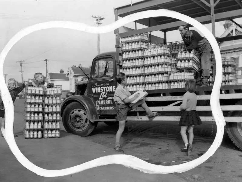 Winstone's Trucks and Transport Vehicles: 1956 Winstone truck on school milk run