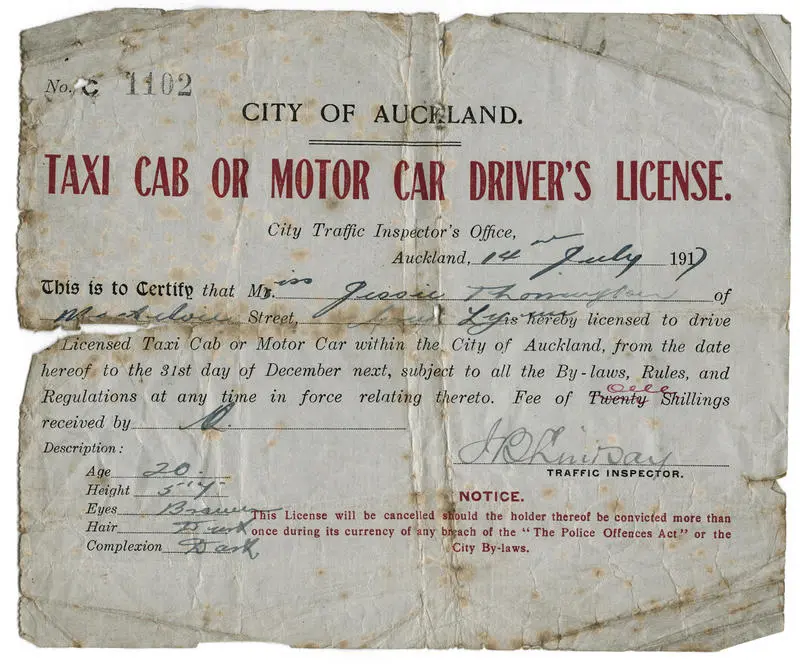 Taxi cab or motor car driver's license for Jessie Thorrington