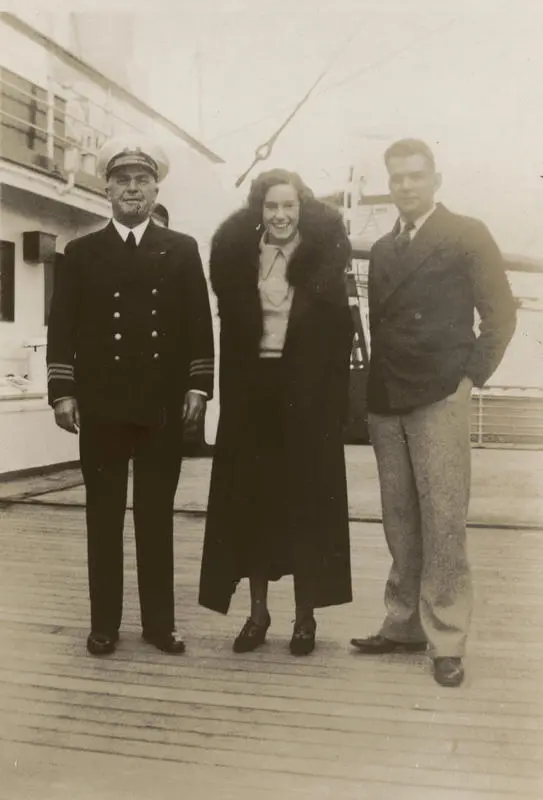 Aorangi ship's Captain, Jean Batten and Captain Charles Ulm on deck