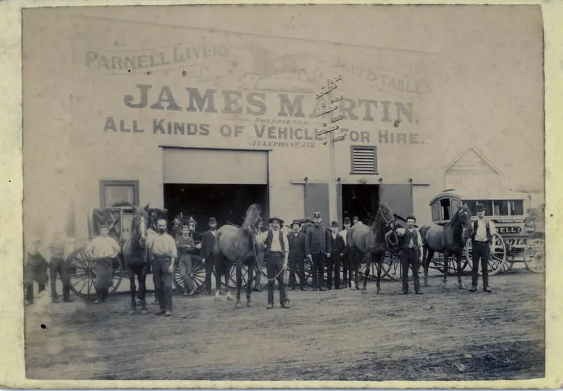 Horse-drawn buses at Martin's stables, Parnell, c 1890