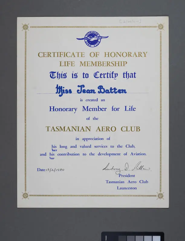 Honorary Life Membership to Jean Batten