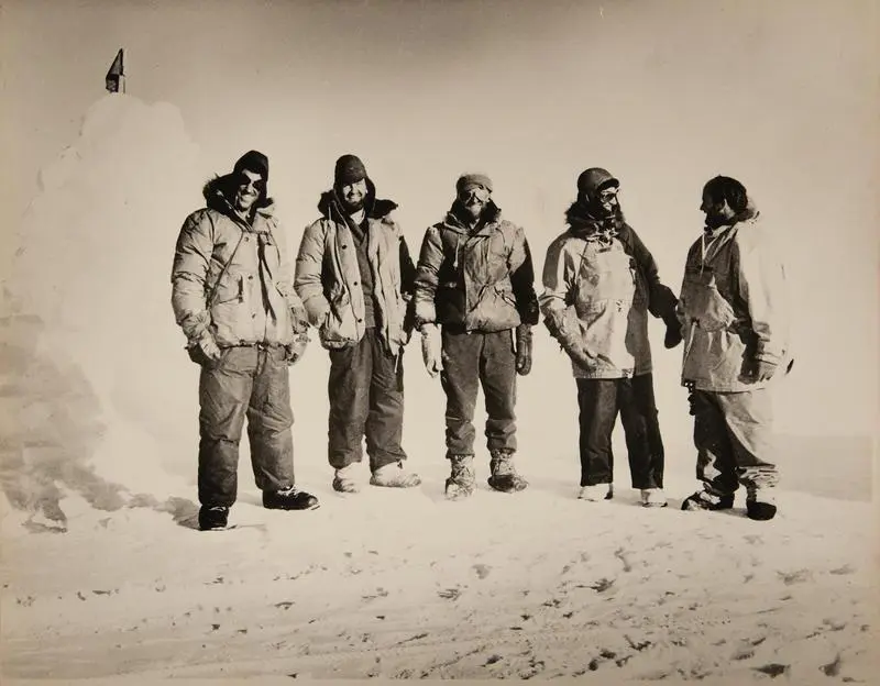 Edmund Hillary, Murray Ellis, Jim Bates, Peter Mulgrew, and Derek Wright at Depot 700