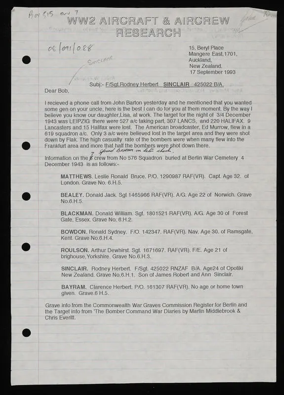 Information about Lancaster 576 Squadron crewman Flight Sergeant Rodney Herbert Sinclair killed 4 December 1943